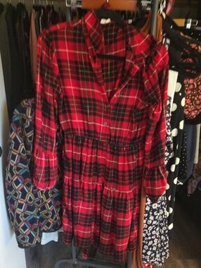 Maurices Red and Black Plaid Tiered Button-Up Dress